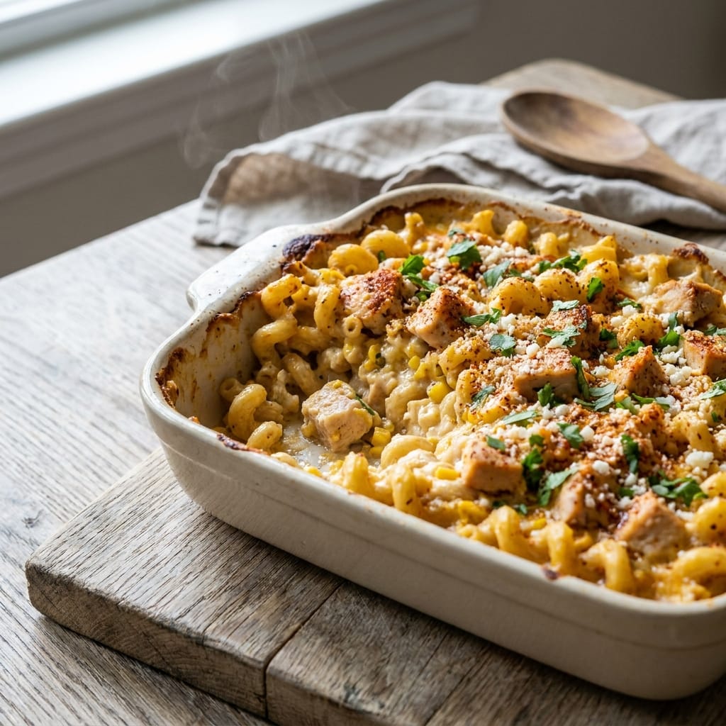 Street Corn Chicken Pasta Bake with Tajín Crunch