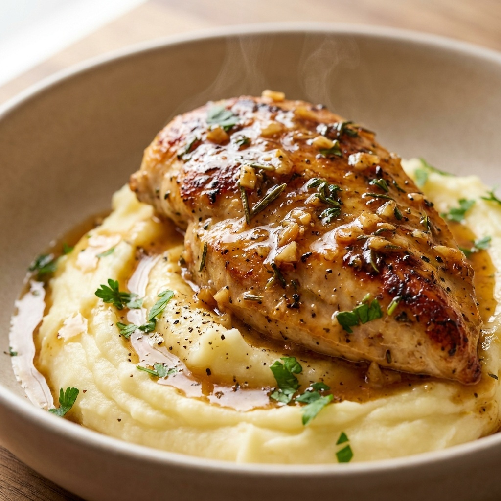 Chicken breast over mashed potatoes