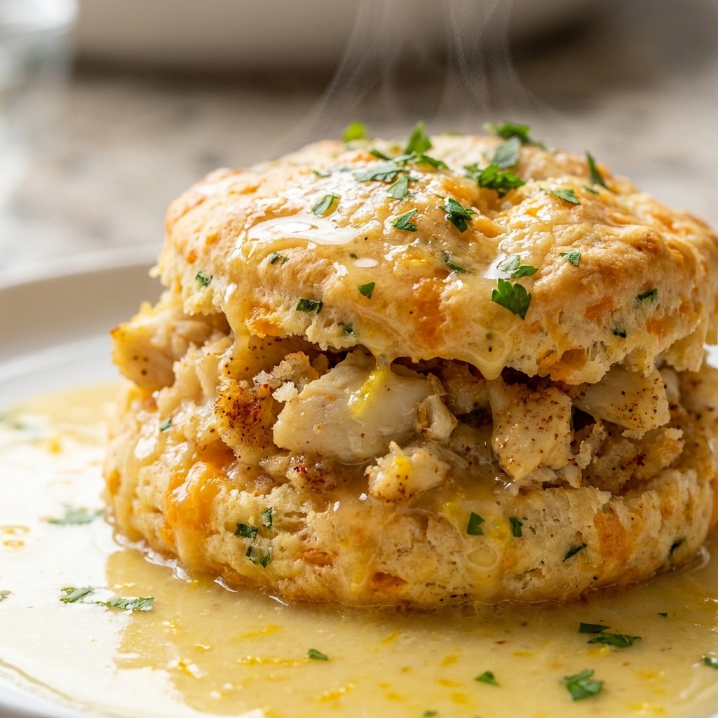 Crab stuffed cheddar bay biscuit with a lemon butter sauce