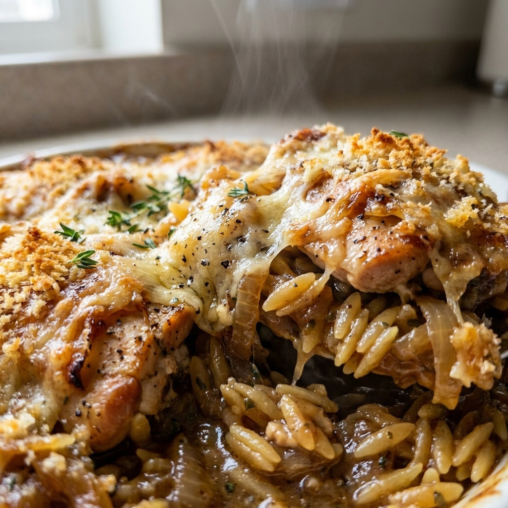 French Onion Chicken Orzo Casserole