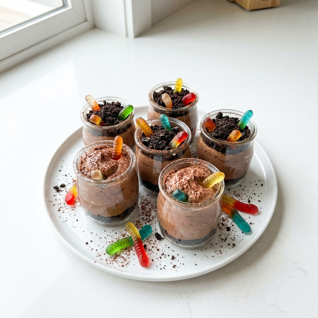 Halloween Oreo Dirt Cups with Chocolate Mousse & Gummy Worms