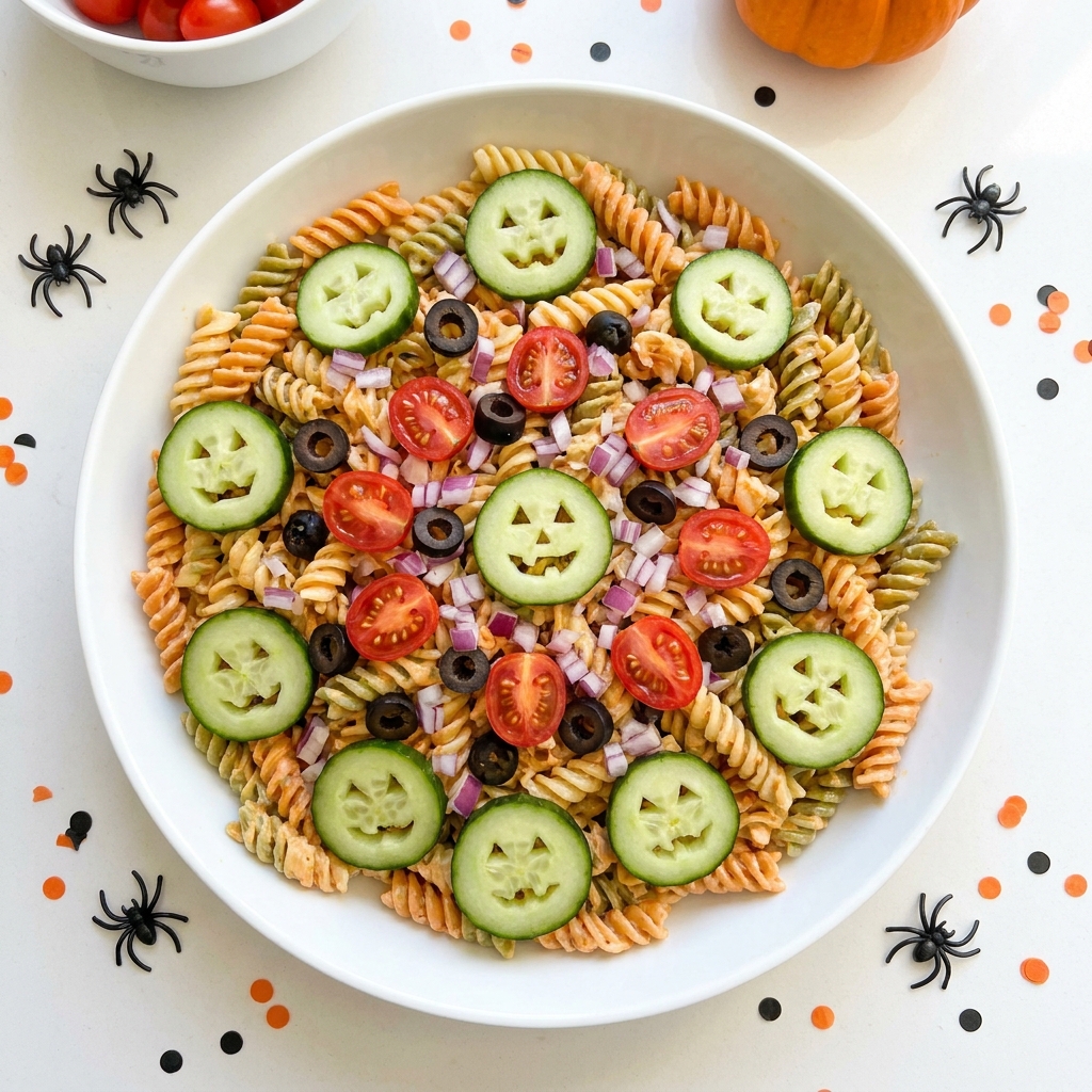 Spooky Halloween Pasta Salad with Jack-O’-Lantern Cucumbers – Easy Fall Side Dish