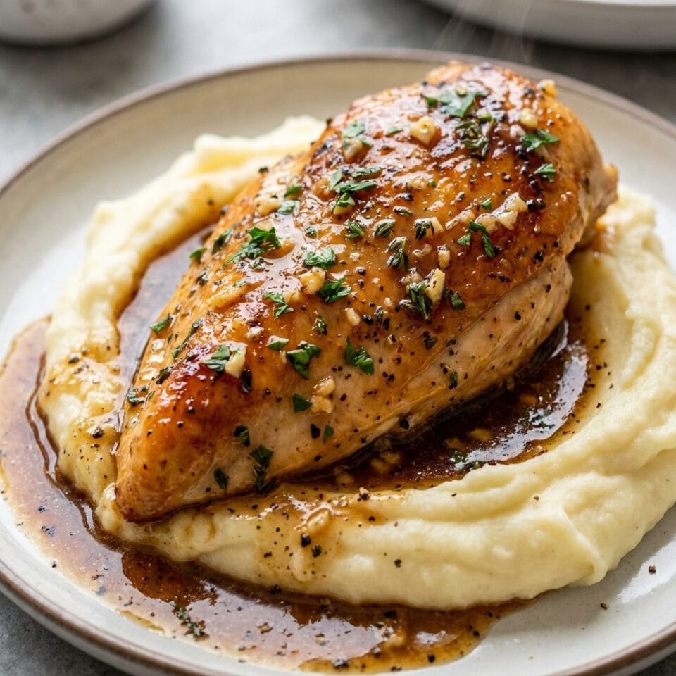 Chicken breast over mashed potatoes