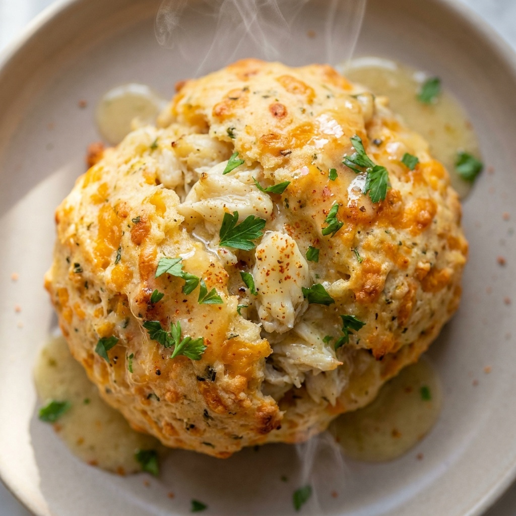 Crab stuffed cheddar bay biscuit with a lemon butter sauce