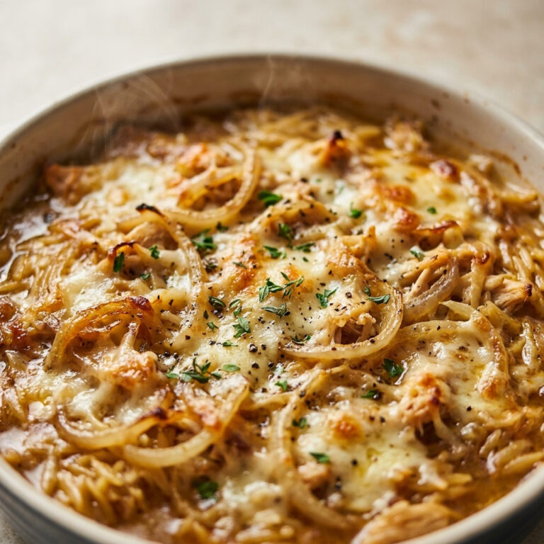 French Onion Chicken Orzo Casserole