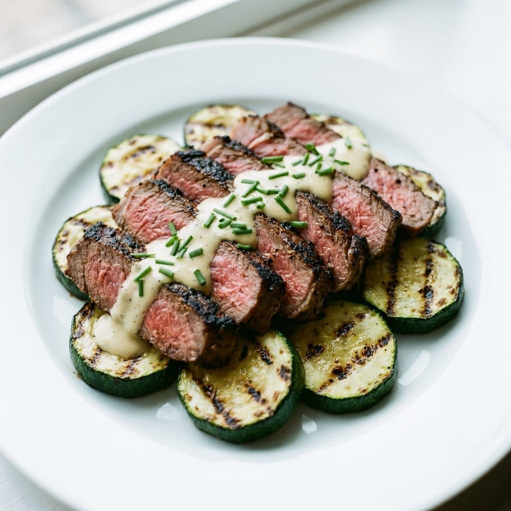 Grilled Steak Bowl with Creamy Sauce and Zucchini