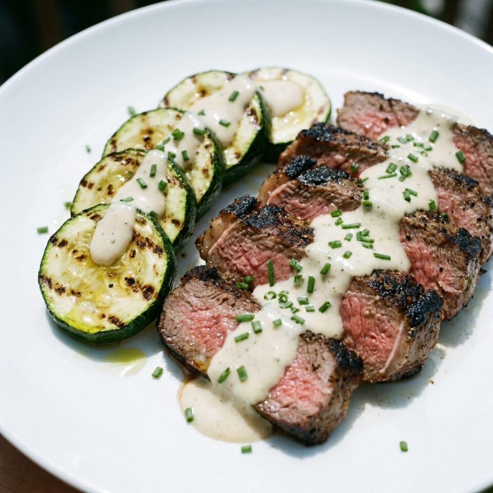 Grilled Steak Bowl with Creamy Sauce and Zucchini